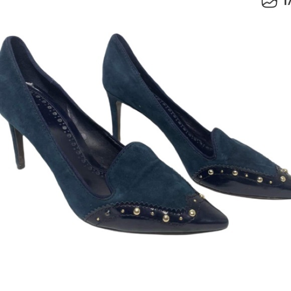 Tory Burch Monroe Navy Blue Stud Suede Heels Size 9.5 - Picture 2 of 2